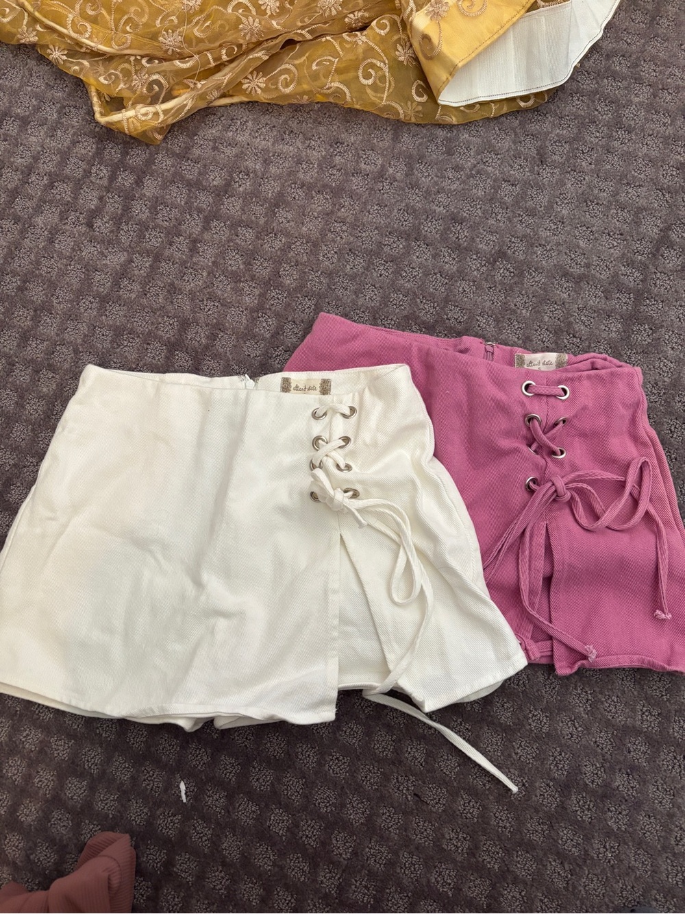 Altar'd State White & Pink Lace-Up Mini Skorts Set